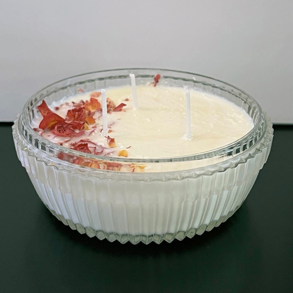 Handmade Decorative Soy Candle 10 oz in Ribbed Clear Cut Glass Container